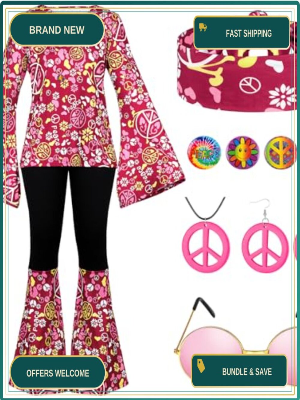 11 Pcs Halloween Hippie Costume Set for Women 60s 70s Party